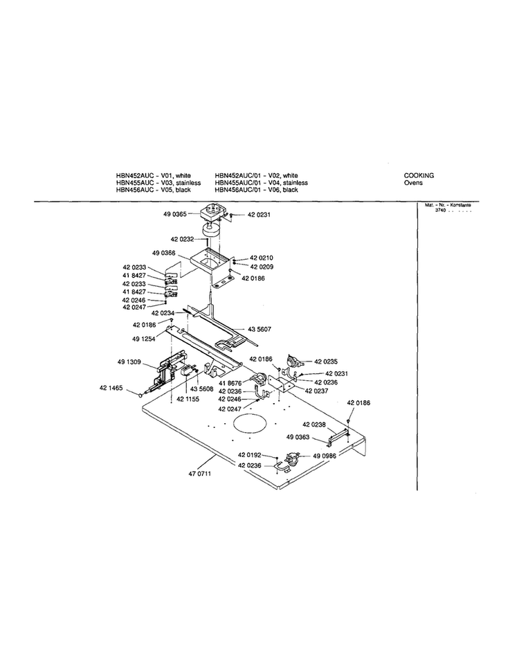 Upper Internal Panel Diagram and Parts List for HBN455AUC 01 Bosch Wall Oven