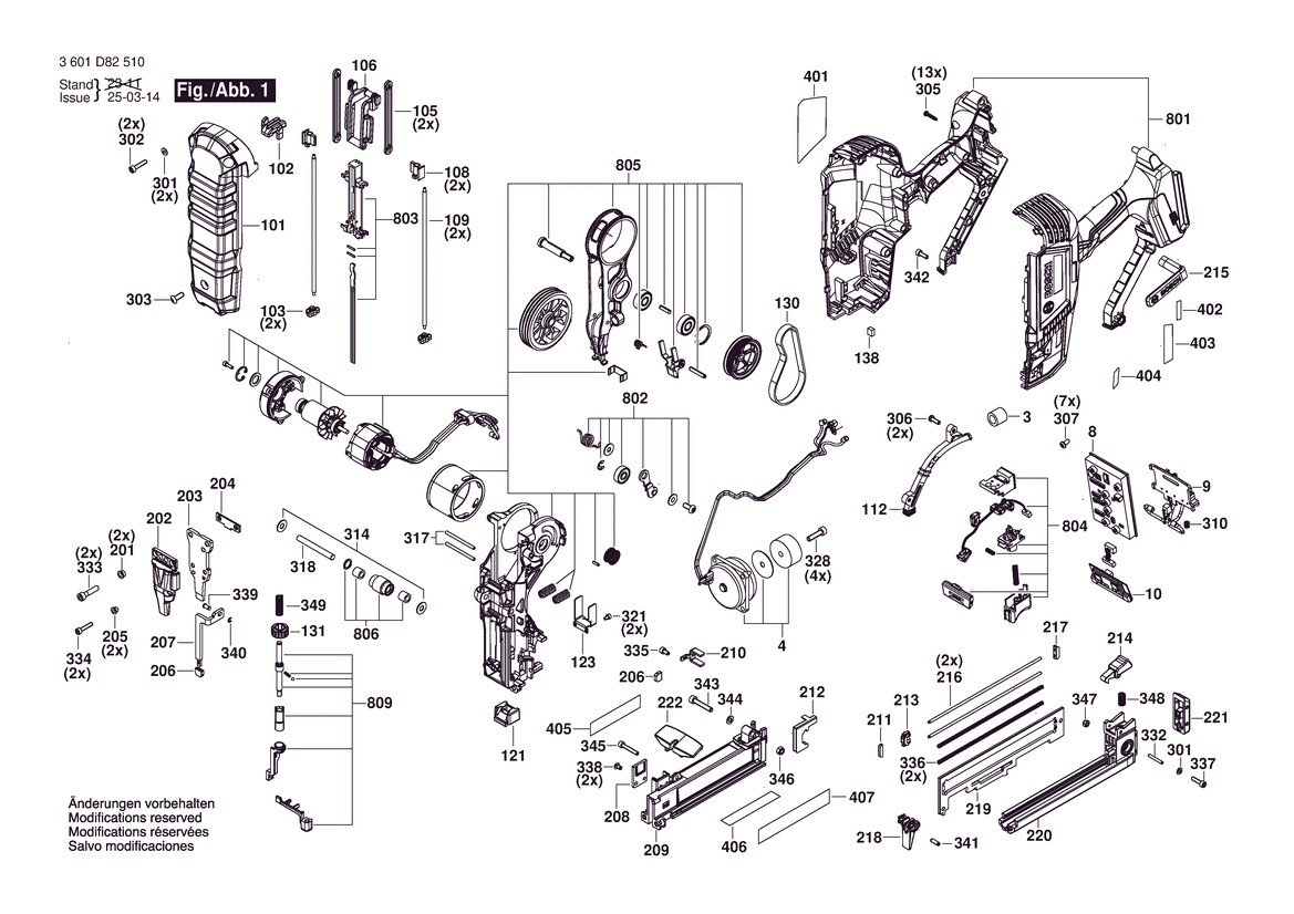 Figure 1 Diagram and Parts List for 3601D82510 GTH18V-18MN Bosch Nailer