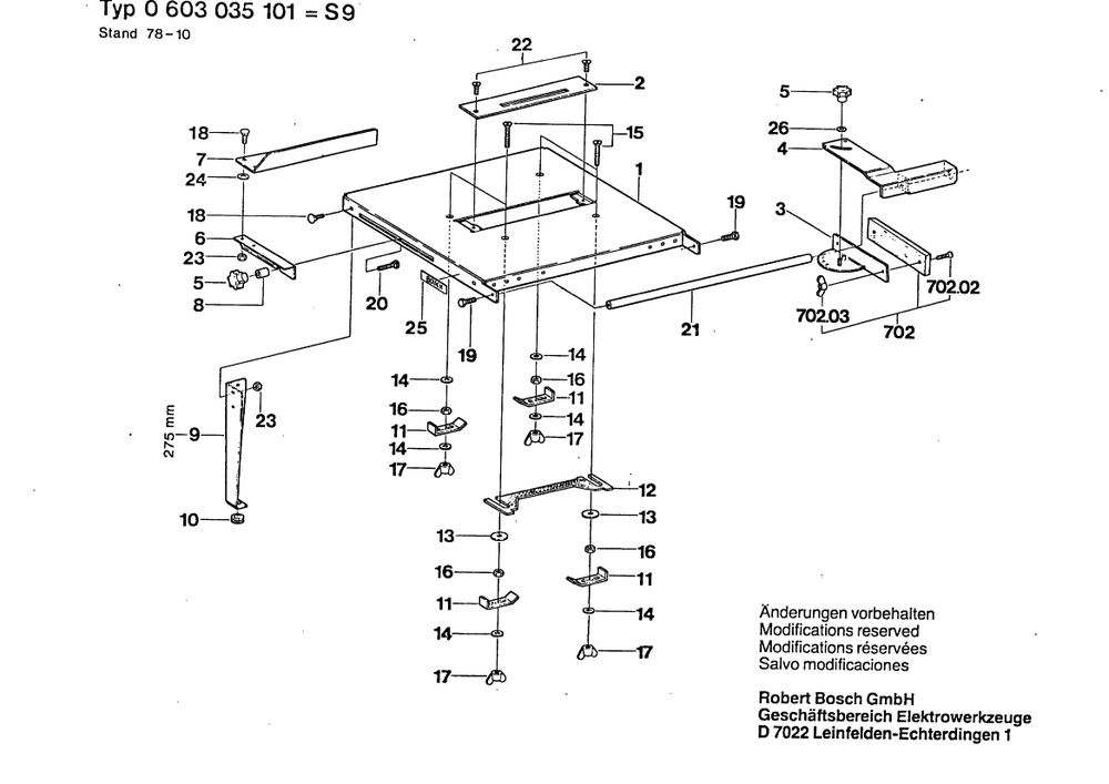 Section 1 Diagram and Parts List for SAEGE 0603035101 Bosch Table Saw