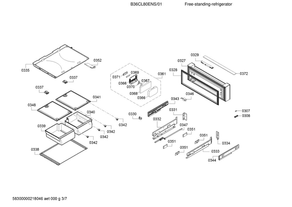 Refrigerator Drawers Diagram and Parts List for B36CL80ENS 01 Bosch Refrigerator