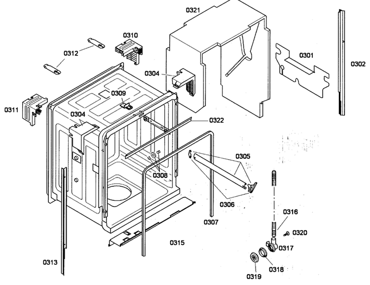 Cabinet Diagram and Parts List for SHE43P12UC 56 Bosch Dishwasher