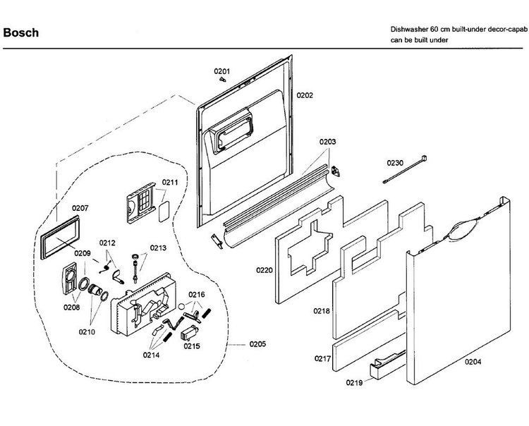 Door Diagram and Parts List for SHE65P05UC 59 Bosch Dishwasher