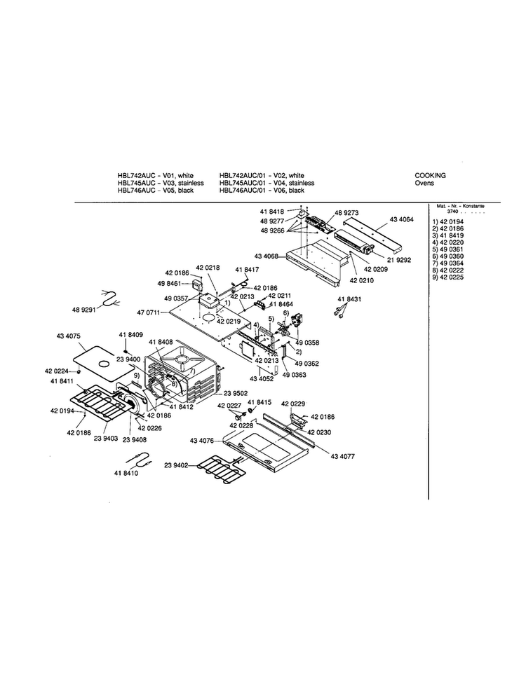 Cavity Diagram and Parts List for HBL745AUC 01 Bosch Wall Oven