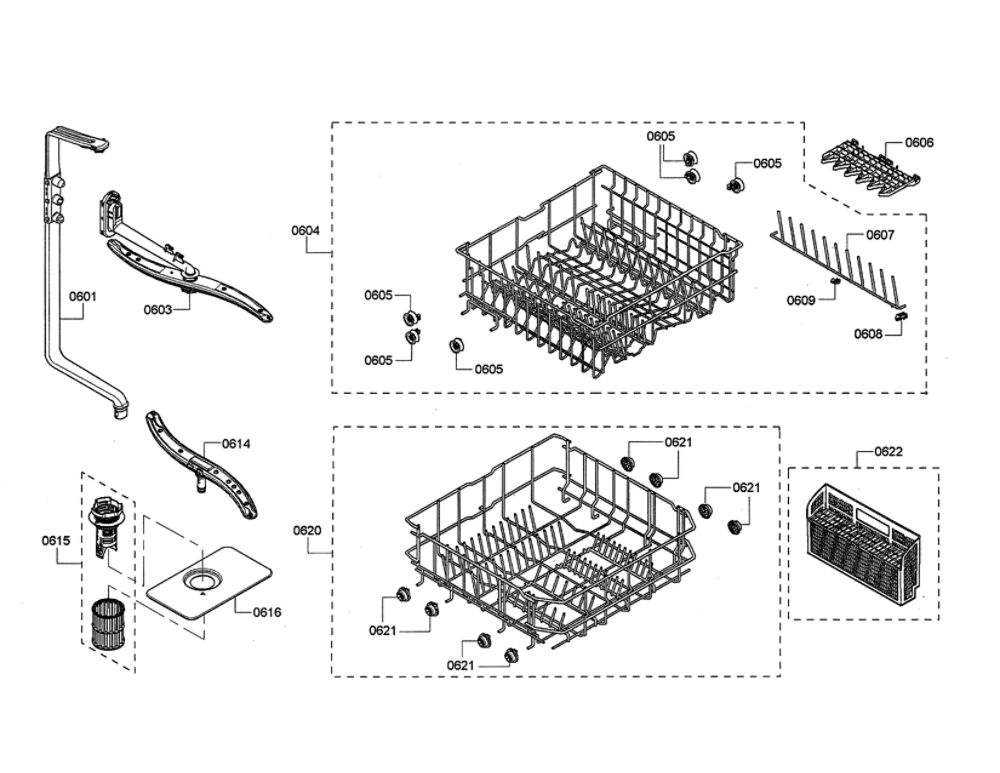 Spray Arm/Racks Diagram and Parts List for SHE3ARL5UC 07 Bosch Dishwasher