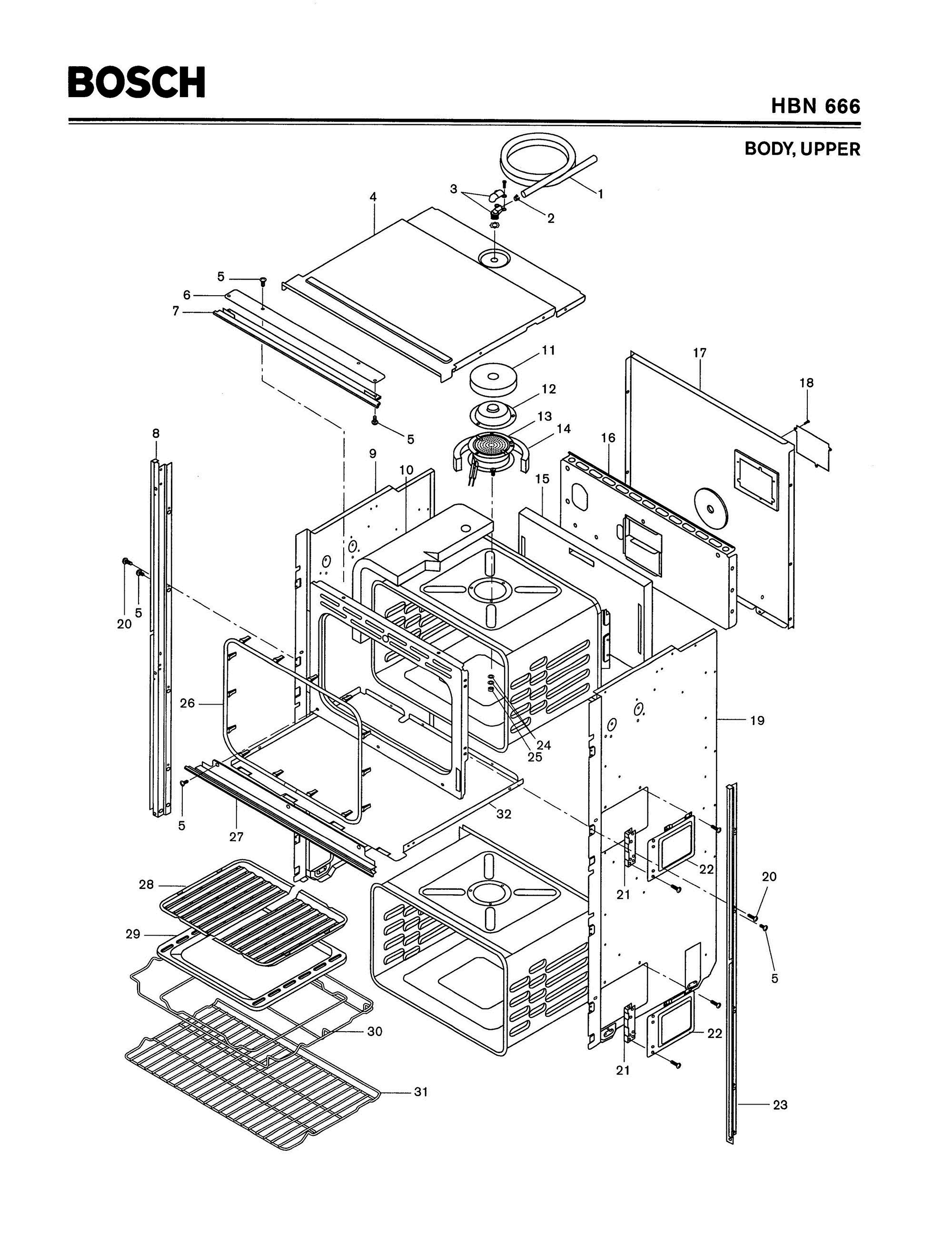 01 - BODY, UPPER Diagram and Parts List for HBN666  Bosch Range