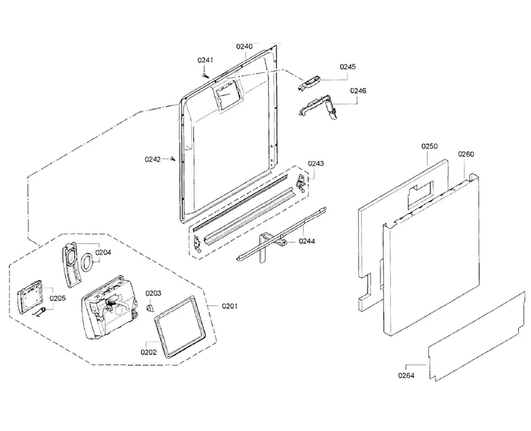 Door Section Diagram and Parts List for SHE9PT55UC B4 Bosch Dishwasher