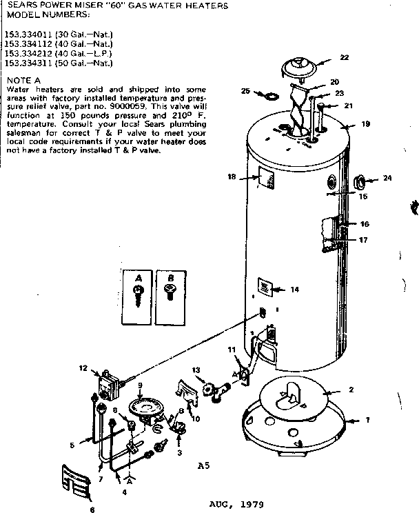 Replacement Parts Diagram and Parts List for 153334212  Kenmore Water Heater
