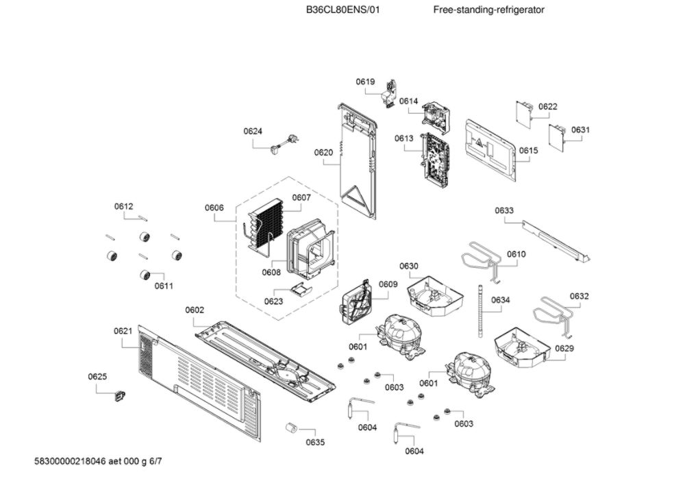 Compressor And Condenser Parts Diagram and Parts List for B36CL80ENS 01 Bosch Refrigerator
