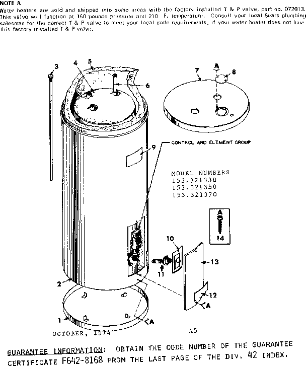 Non-functional Replacement Parts Diagram and Parts List for 153321370  Kenmore Water Heater