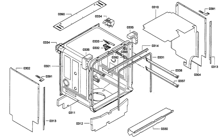 Cabinet Diagram and Parts List for SHE68E05UC 01 Bosch Dishwasher