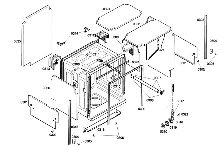Outside Cabinet Diagram and Parts List for SHE66C06UC 22 Bosch Dishwasher