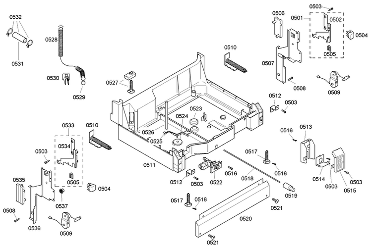 Base Assy Diagram and Parts List for SHE43C06UC 18 Bosch Dishwasher