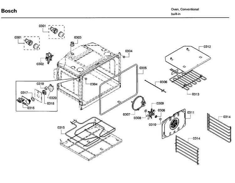 Inner Parts Diagram and Parts List for HBN5420UC 02 Bosch Wall Oven