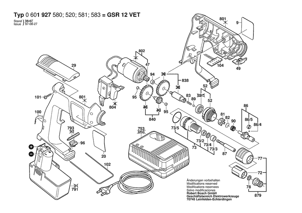 Section 1 Diagram and Parts List for GSR12VET 0601927520 Bosch Screwdriver