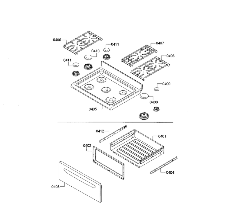 Cooktop & Drawer Diagram and Parts List for HGS3023UC 10 Bosch Range