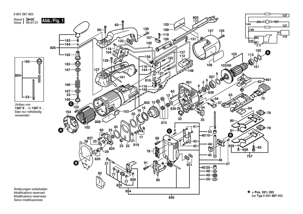 Section 1 Diagram and Parts List for GST60PBAE 0601587932 Bosch Jig Saw