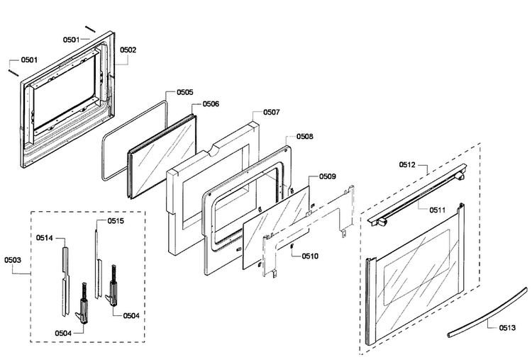 Door Diagram and Parts List for HEI7052U 05 Bosch Range