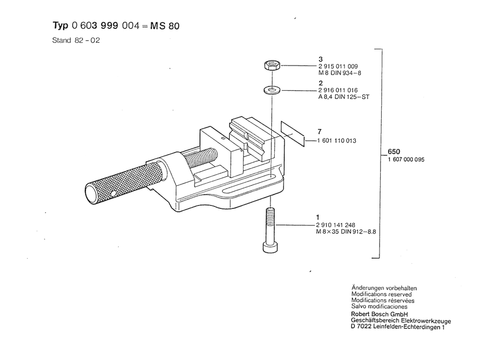Section 1 Diagram and Parts List for 0603999004  Bosch Drill Press