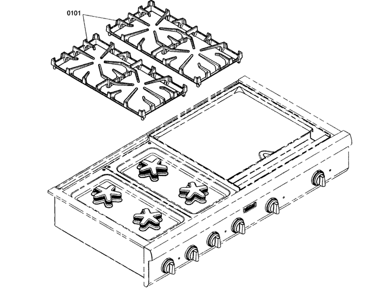 Grate Assy Diagram and Parts List for PCD484EE01  Thermador Cooktop