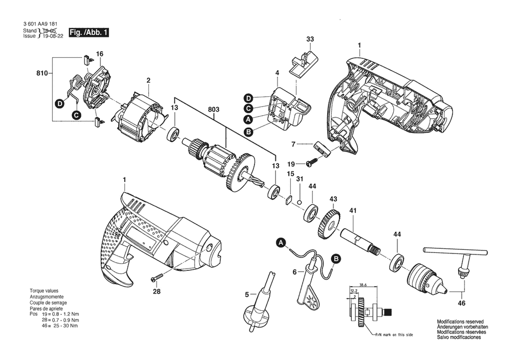 Section 1 Diagram and Parts List for GBM3500 3601AA95K3 Bosch Drill