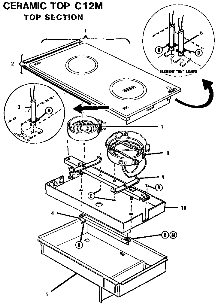 Ceramic Top, Top Section Diagram and Parts List for C12M  Thermador Cooktop
