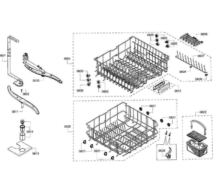 Baskets Diagram and Parts List for SHE43F15UC 64 Bosch Dishwasher