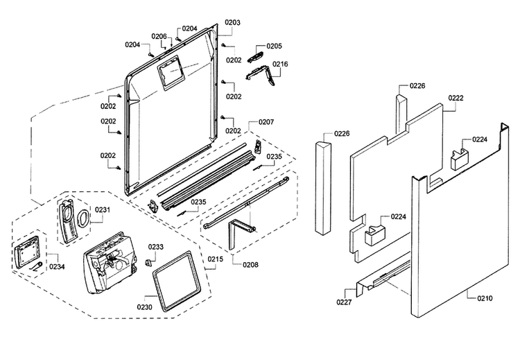 Door Diagram and Parts List for SHE7PT55UC 02 Bosch Dishwasher
