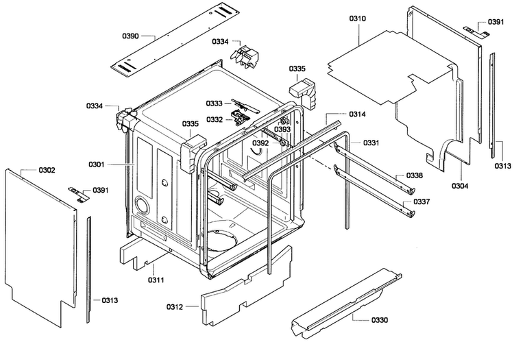 Cabinet Diagram and Parts List for SHV68E13UC 01 Bosch Dishwasher