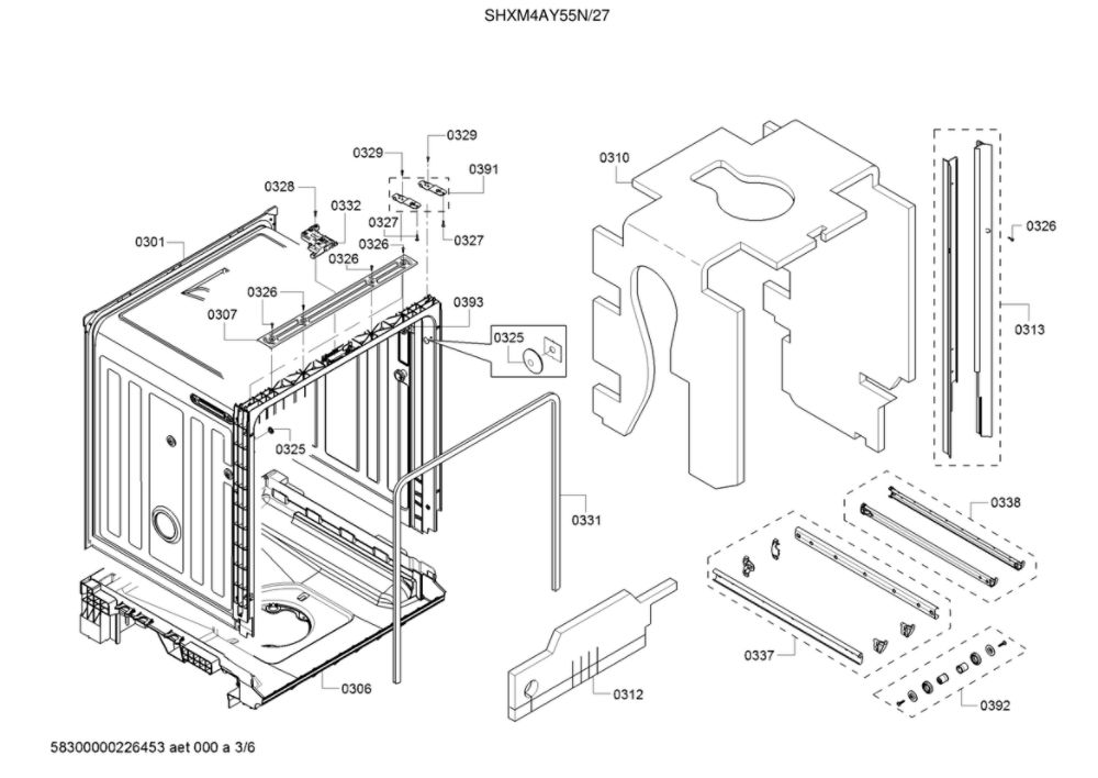 Tub/Trim Diagram and Parts List for SHXM4AY55N 27 Bosch Dishwasher