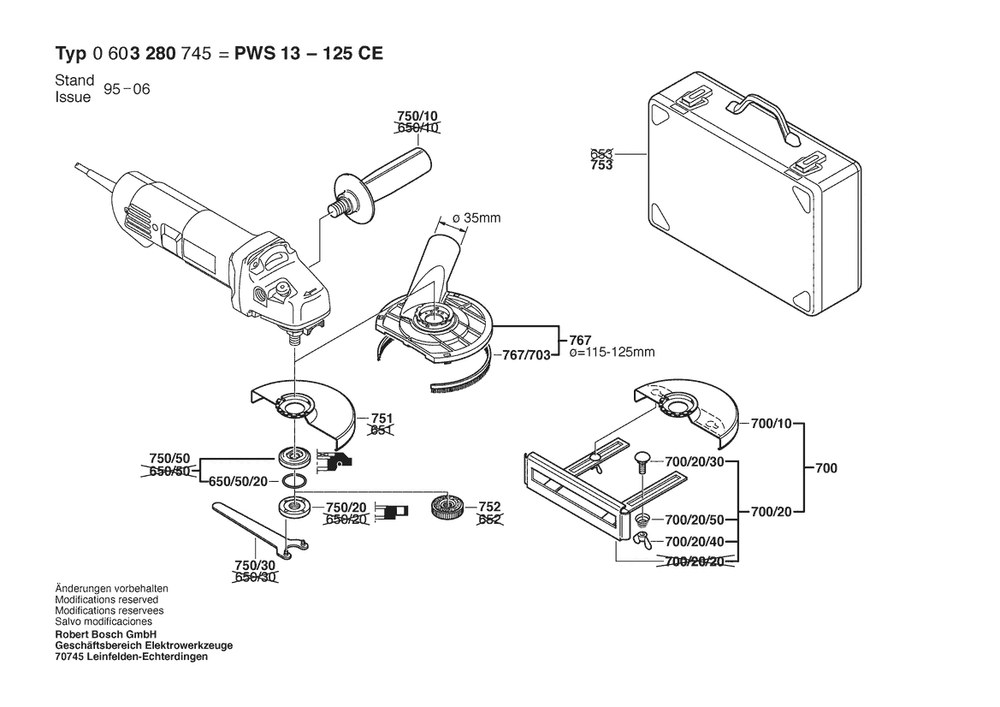 Section 2 Diagram and Parts List for PWS13-125CE 0603280745 Bosch Angle Grinder