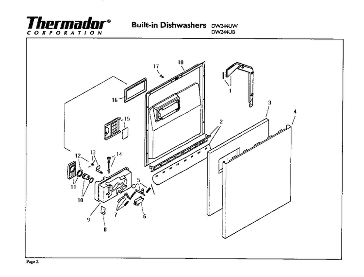 Door Diagram and Parts List for DW244UW  Thermador Dishwasher