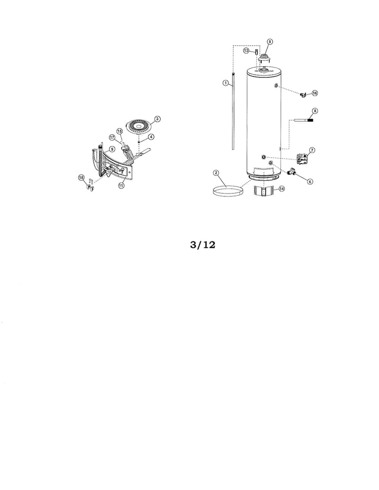 Gas Water Heater 40 Gallon Diagram and Parts List for 153336940  Kenmore Water Heater