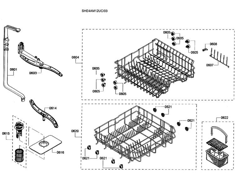 Baskets Diagram and Parts List for SHE4AM12UC 03 Bosch Dishwasher