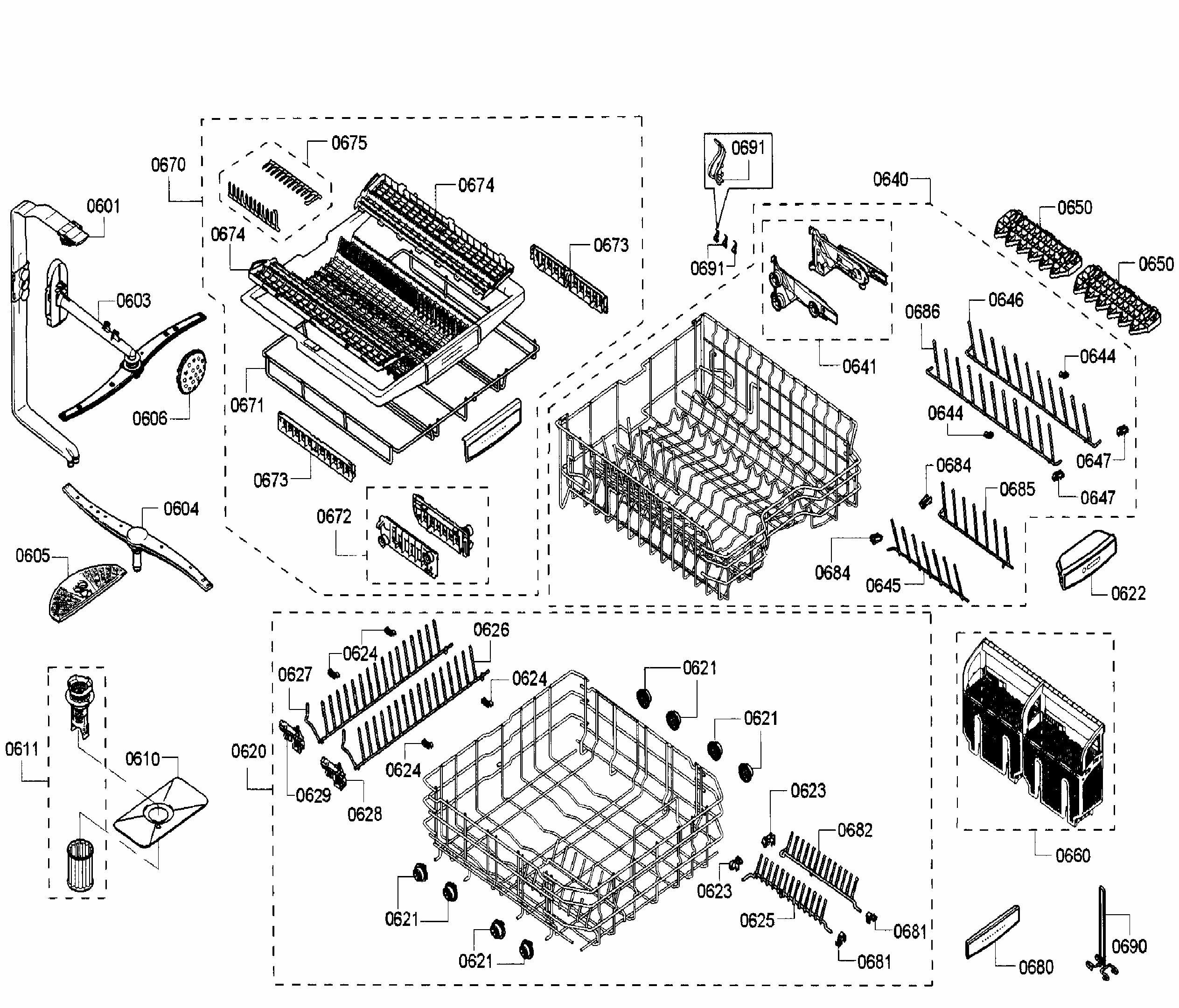 Baskets Diagram and Parts List for SHXN8U55UC 06 Bosch Dishwasher