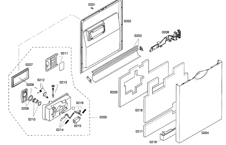 Door Assy Diagram and Parts List for SHE43M05UC 53 Bosch Dishwasher
