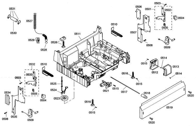 Base Assy Diagram and Parts List for SHE44C02UC 40 Bosch Dishwasher