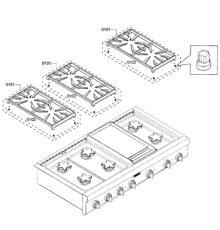 Grates Diagram and Parts List for PCG486GD 04 Thermador Cooktop