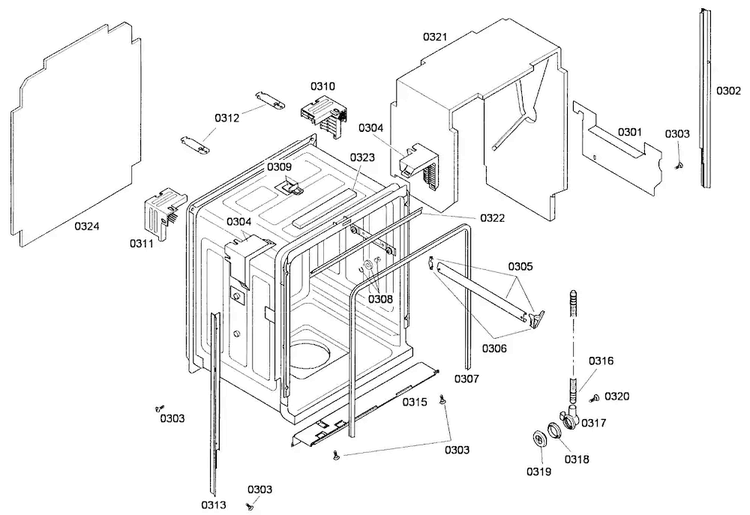 Cabinet Diagram and Parts List for SHE68P06UC 53 Bosch Dishwasher