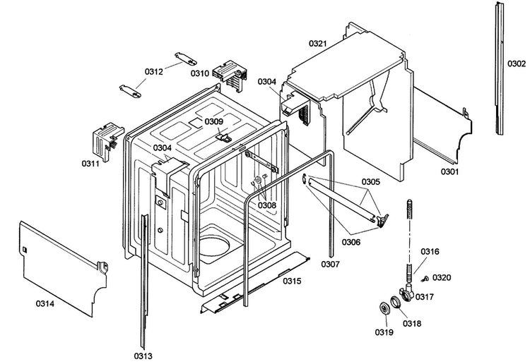 Cabinet Diagram and Parts List for SHE43M02UC 50 Bosch Dishwasher