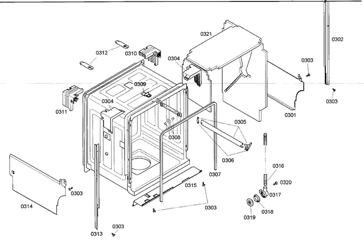Cabinet Parts Diagram and Parts List for SHE45M05UC 48 Bosch Dishwasher