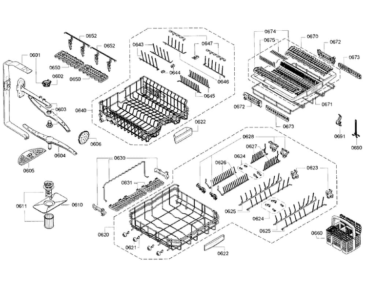 Racks Section Diagram and Parts List for SHE9PT55UC B4 Bosch Dishwasher