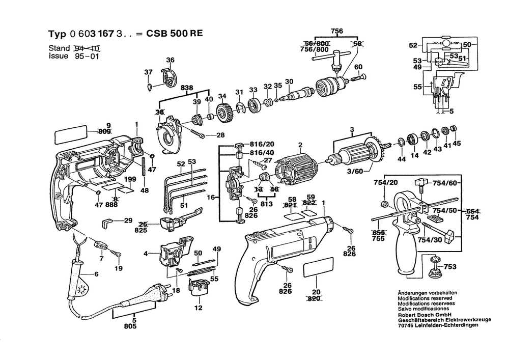 Section 1 Diagram and Parts List for CSB500RE 0603167350 Bosch Hammer Drill