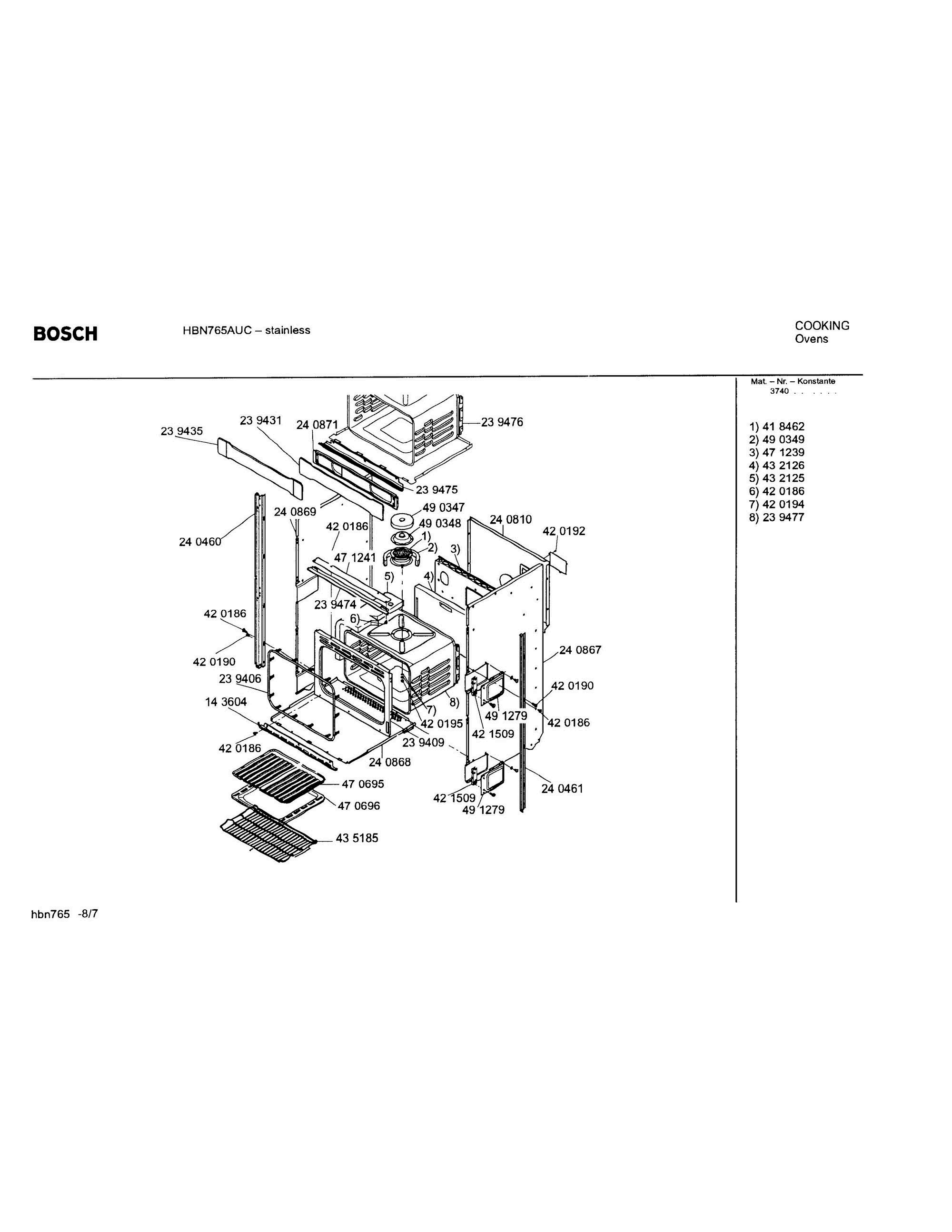 07 - LOWER BODY Diagram and Parts List for HBN765AUC(FD8207-)  Bosch Wall Oven