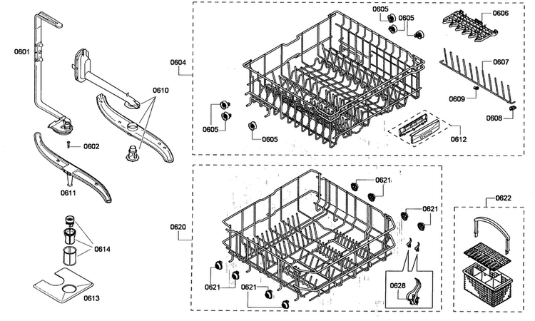 Baskets Assy Diagram and Parts List for SHE43P05UC 56 Bosch Dishwasher