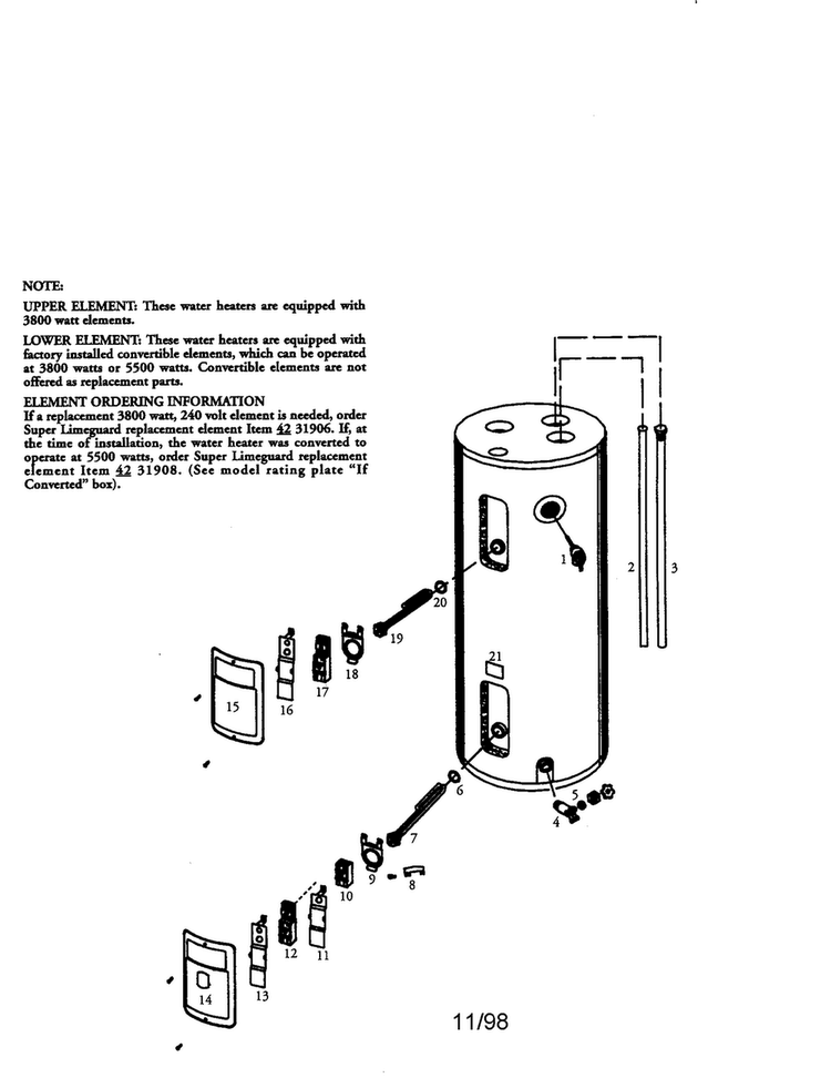 50 Gallon Electric Water Heater Diagram and Parts List for 153316552  Kenmore Water Heater