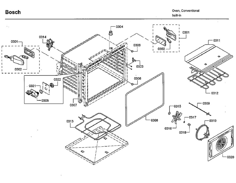 Cavity 1 Diagram and Parts List for HBLP651LUC 02 Bosch Wall Oven