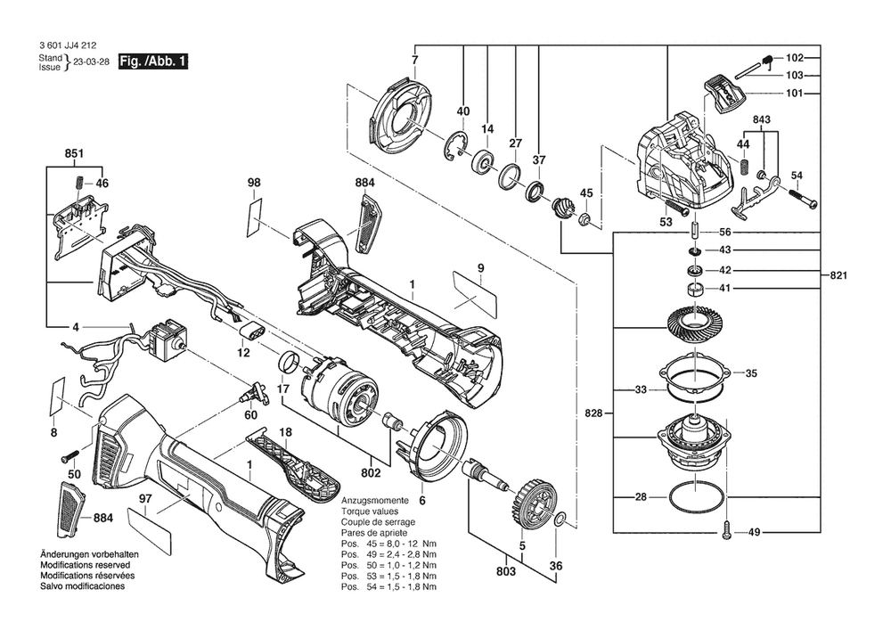 Section 1 Diagram and Parts List for 3601JJ4212  Bosch Angle Grinder