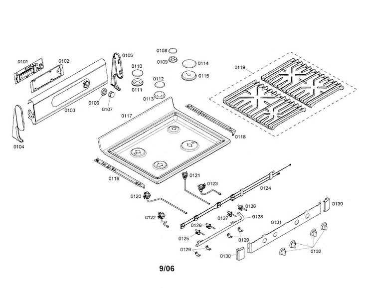 Cooktop Diagram and Parts List for HGS3052UC 01 Bosch Range
