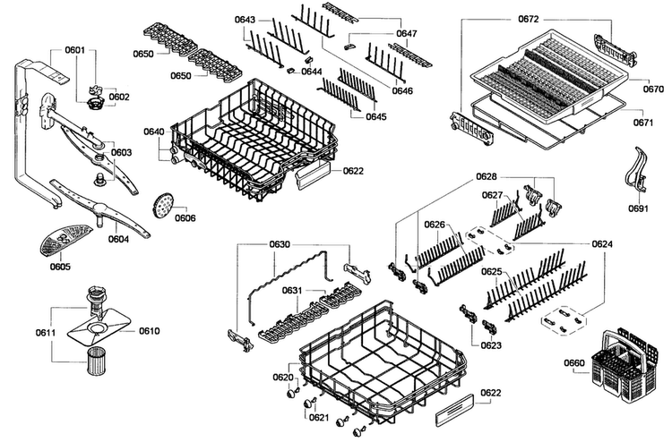 Baskets Asst Diagram and Parts List for SHV68E13UC 01 Bosch Dishwasher