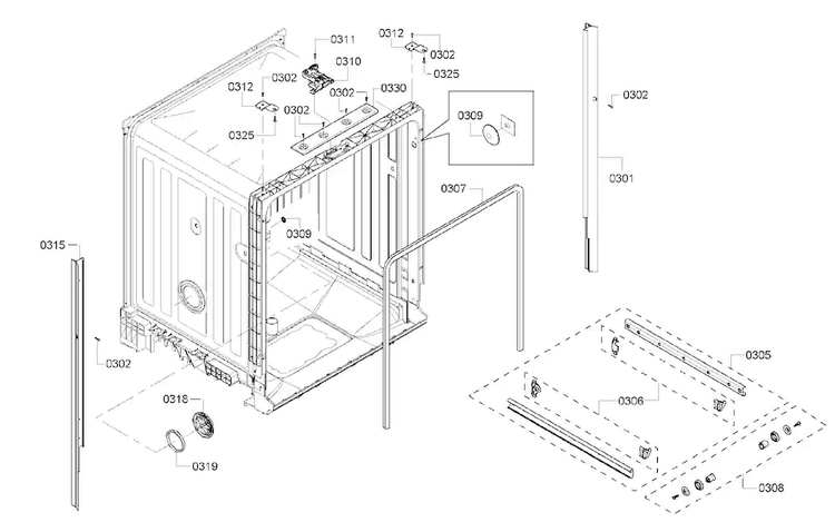 Cabinet Diagram and Parts List for SHE4AM16UC 05 Bosch Dishwasher